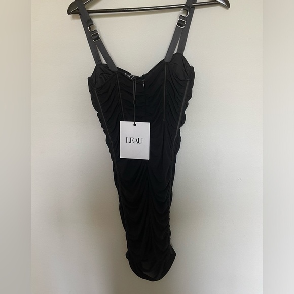 NEW Leau Black Ruched Budysuit Mini Dress - Picture 3 of 6